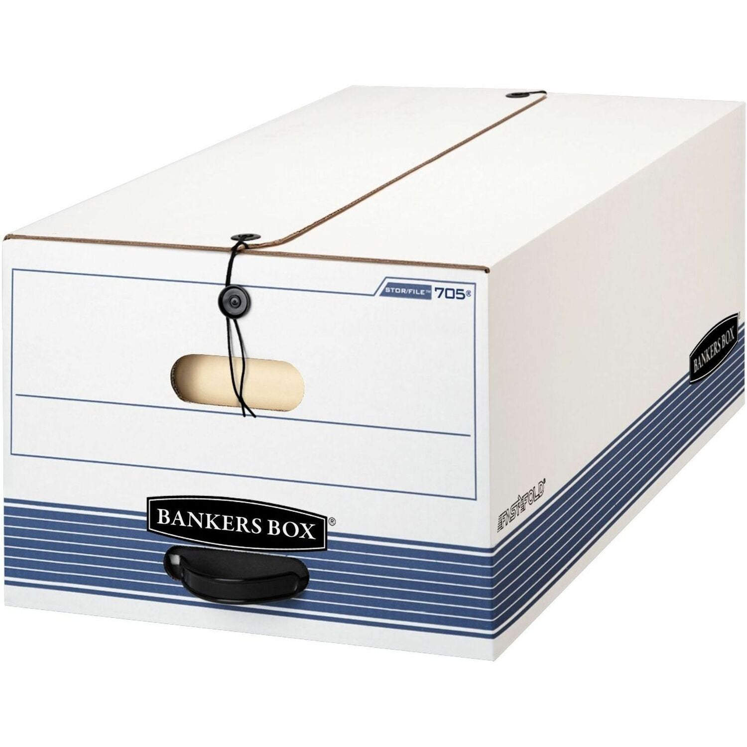 Bankers Box Stor/File String & Button Legal Storage Box, Legal Size, Medium Duty, Stackable, Reinforced Handles, White/Blue, 4 per Carton