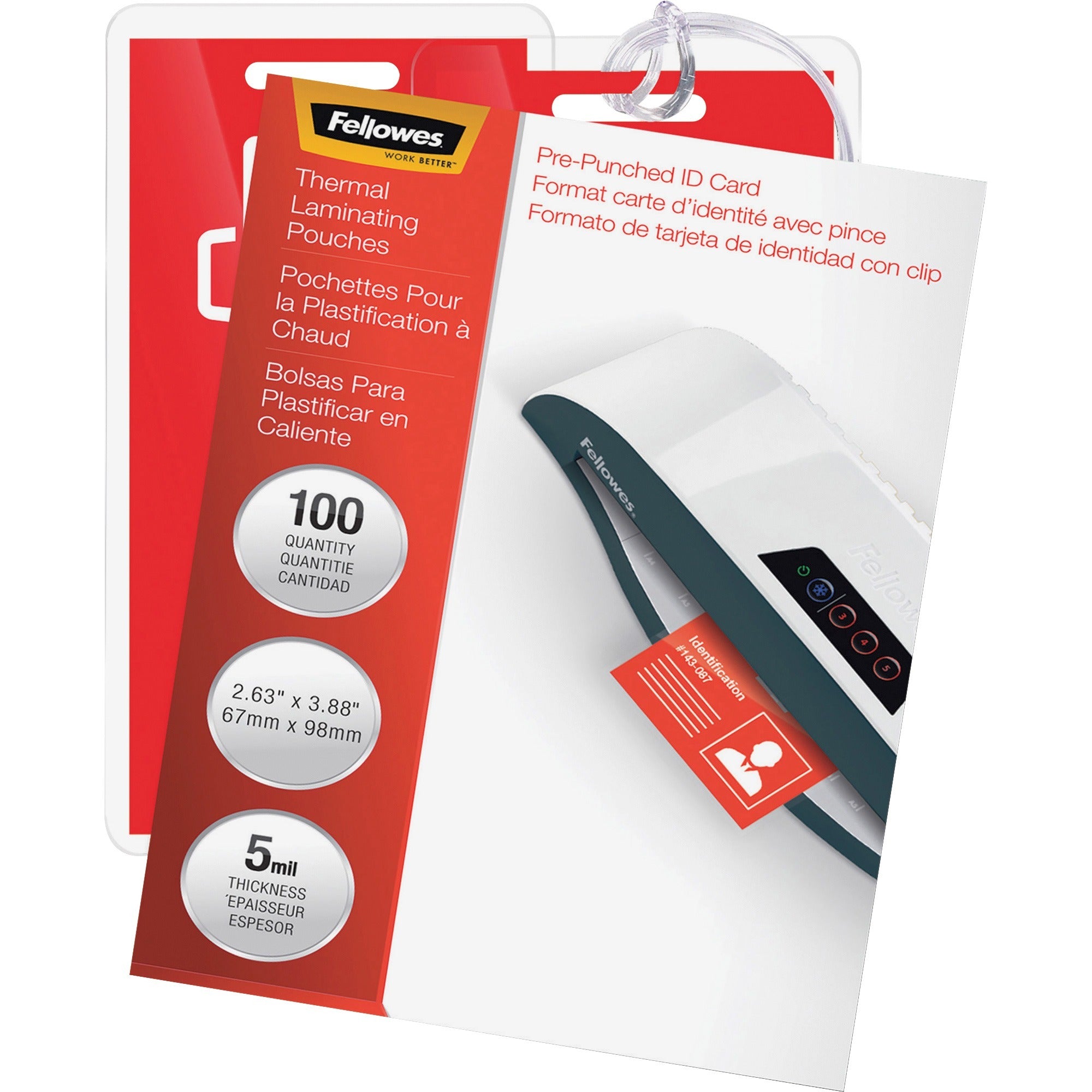 Fellowes Punched ID Card Glossy Thermal Laminating Pouches - Laminating Pouch/Sheet Size: 3.88" Width x 5 mil Thickness - Glossy - for Document, ID Badge, ID Card - Durable, Pre-punched - Clear - 1 Pack