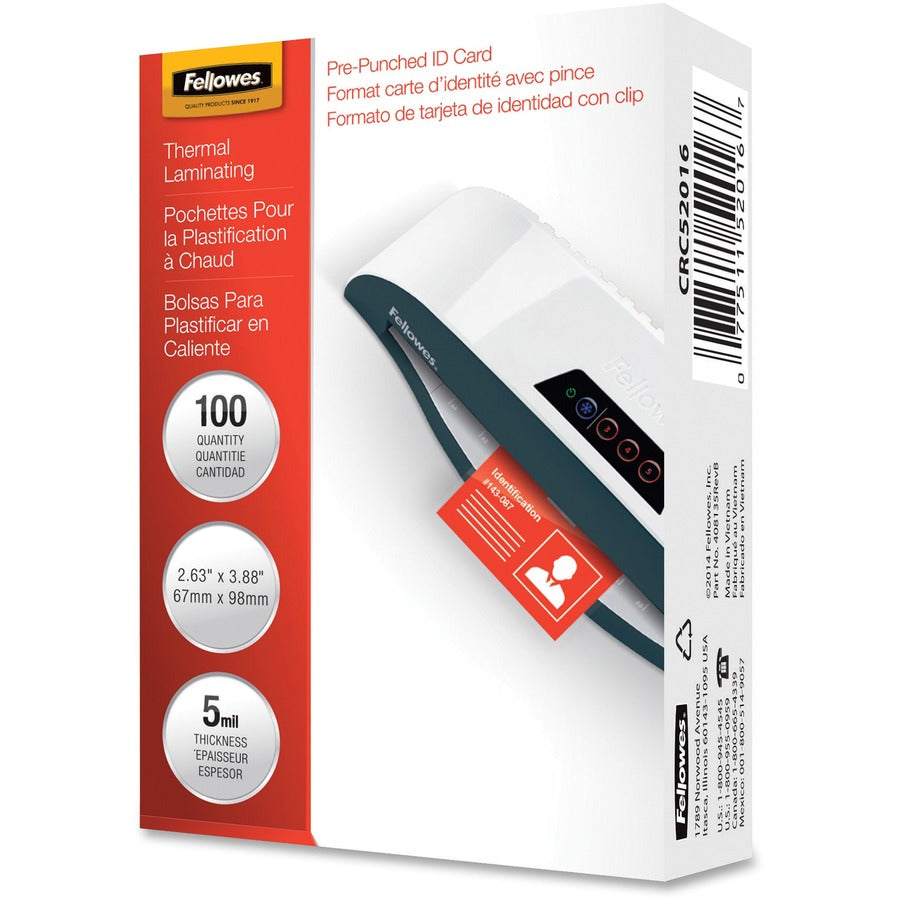Fellowes Punched ID Card Glossy Thermal Laminating Pouches - Laminating Pouch/Sheet Size: 3.88" Width x 5 mil Thickness - Glossy - for Document, ID Badge, ID Card - Durable, Pre-punched - Clear - 1 Pack