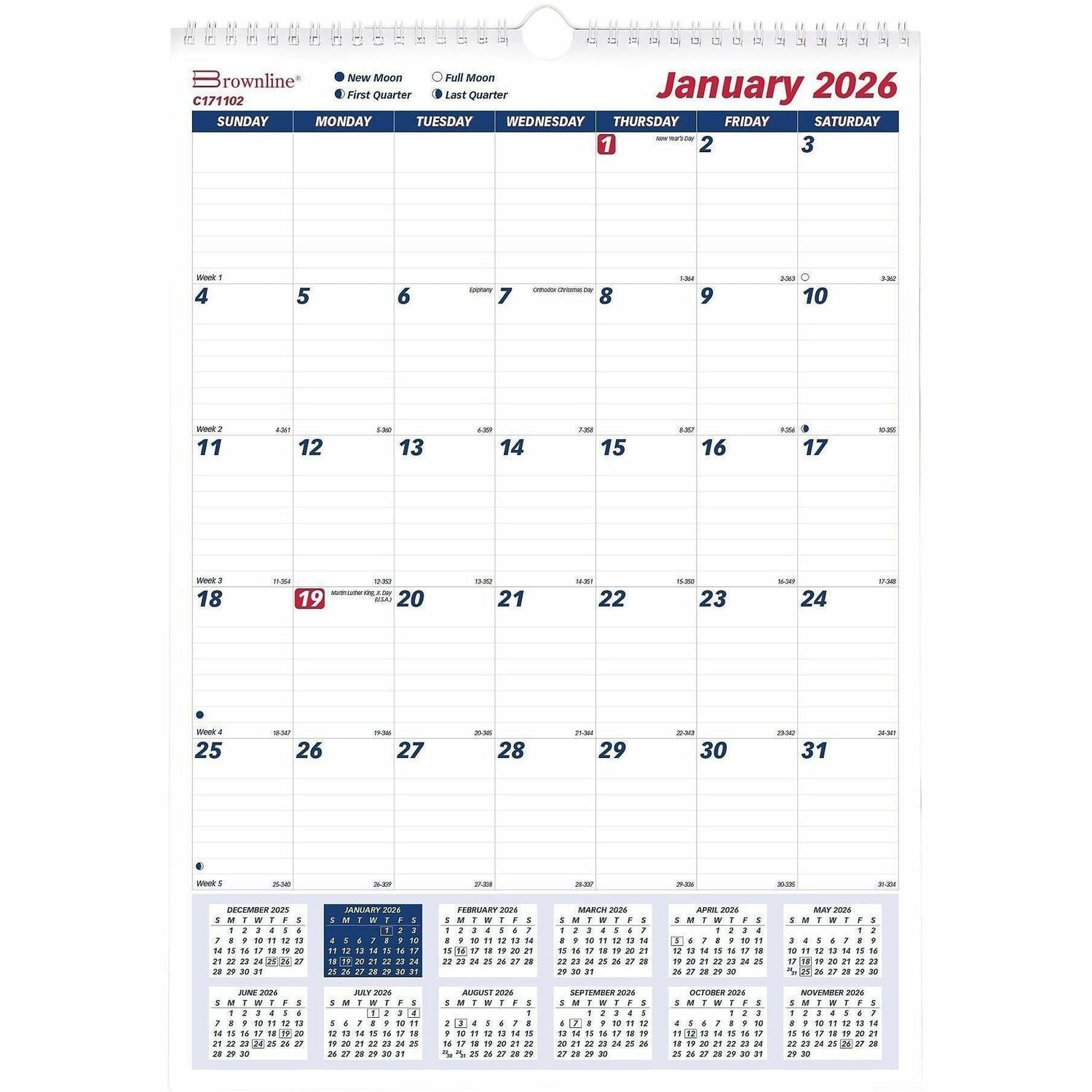 Julian Dates - Monthly - 1 Year - January 2026 to December 2026 - 1 Month Single Page Layout - 12" x 17" Sheet Size - Twin Wire - White - 1 Each