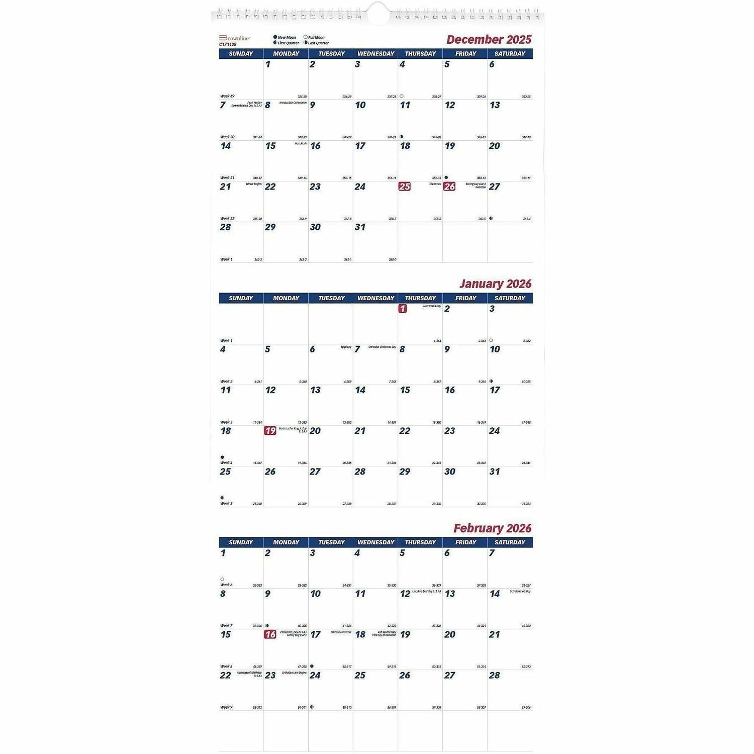 Monthly - 14 Month - December 2025 to January 2027 - 3 Month Single Page Layout - 12 1/4" x 27" Sheet Size - Wall Mount - White - Chipboard - Three Month Calendar, Daily Block, Reinforced Back, Moon Phases - 1 Each