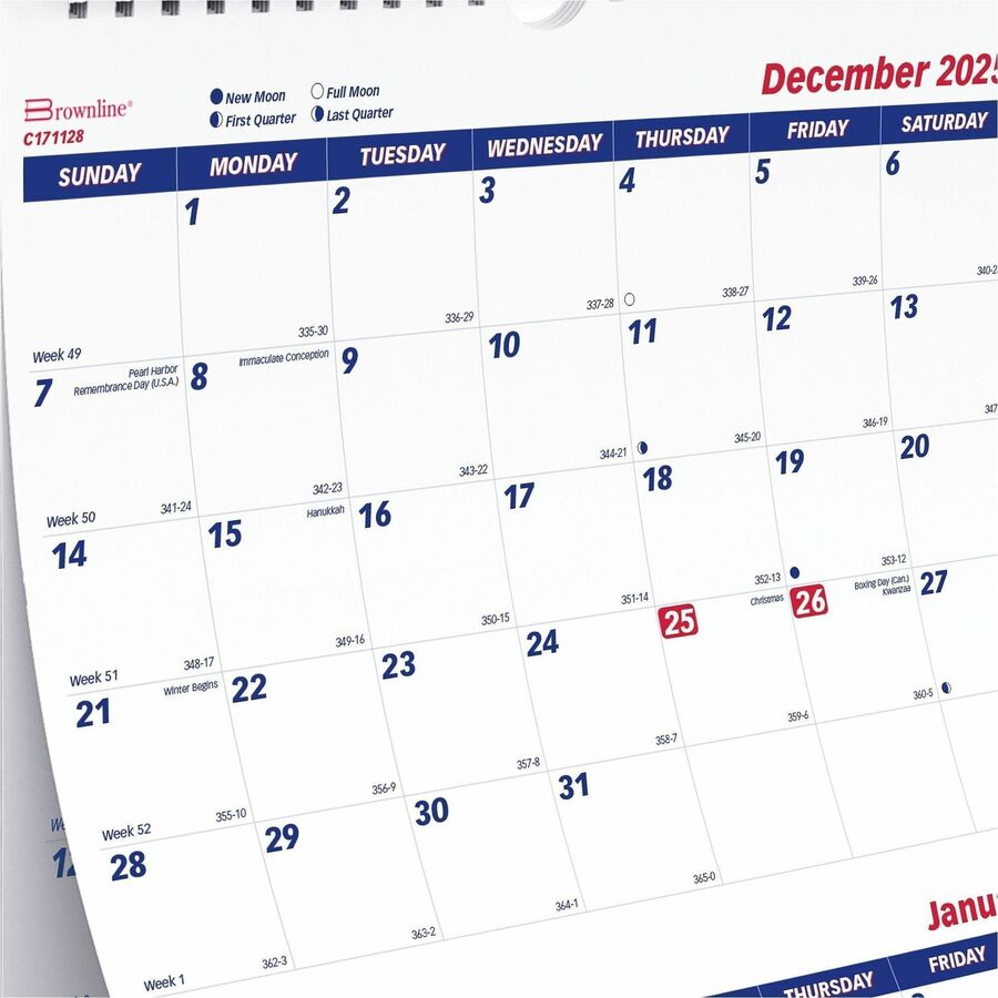 Monthly - 14 Month - December 2025 to January 2027 - 3 Month Single Page Layout - 12 1/4" x 27" Sheet Size - Wall Mount - White - Chipboard - Three Month Calendar, Daily Block, Reinforced Back, Moon Phases - 1 Each