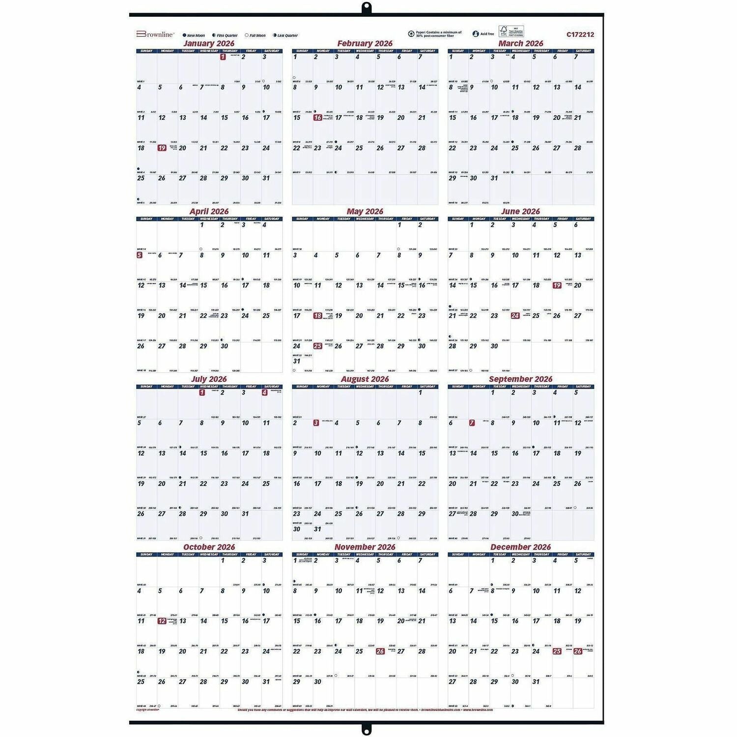 Yearly - 1 Year - January 2026 to December 2026 - 1 Year Single Page Layout - 24" x 36" Sheet Size - White - Paper - 1 Each
