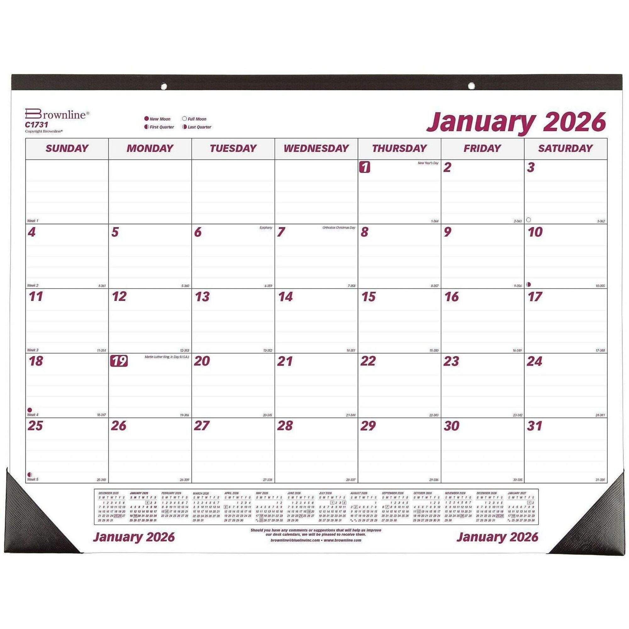 Julian Dates - Monthly - 1 Year - January 2026 to December 2026 - 1 Month Single Page Layout - 22" x 17" Sheet Size - Desk Pad - White - Paper - Eyelet, Tear-off, Reinforced - 1 Each