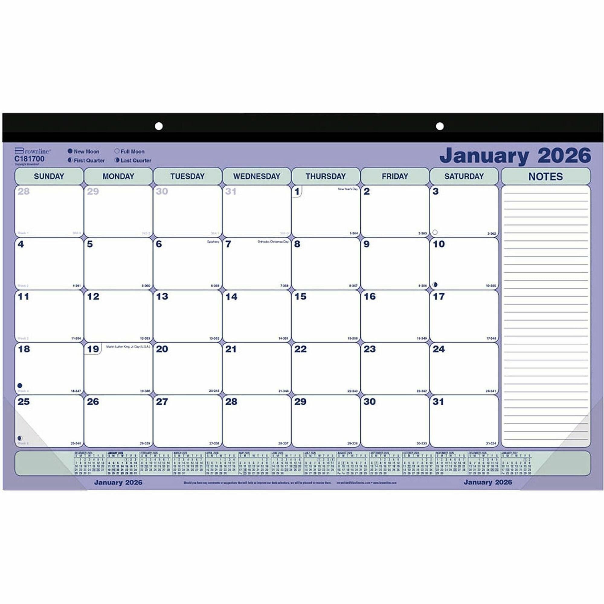 Monthly - 12 Month - January 2026 to December 2026 - 1 Month Single Page Layout - 17 3/4" x 10 7/8" Sheet Size - 2 x Holes - Desk Pad - Wall Mount - Blue, Green - Chipboard, Cardboard - Tear-off, Top Bound, Yearly Calendar, Reinforced Corner - 1 Each