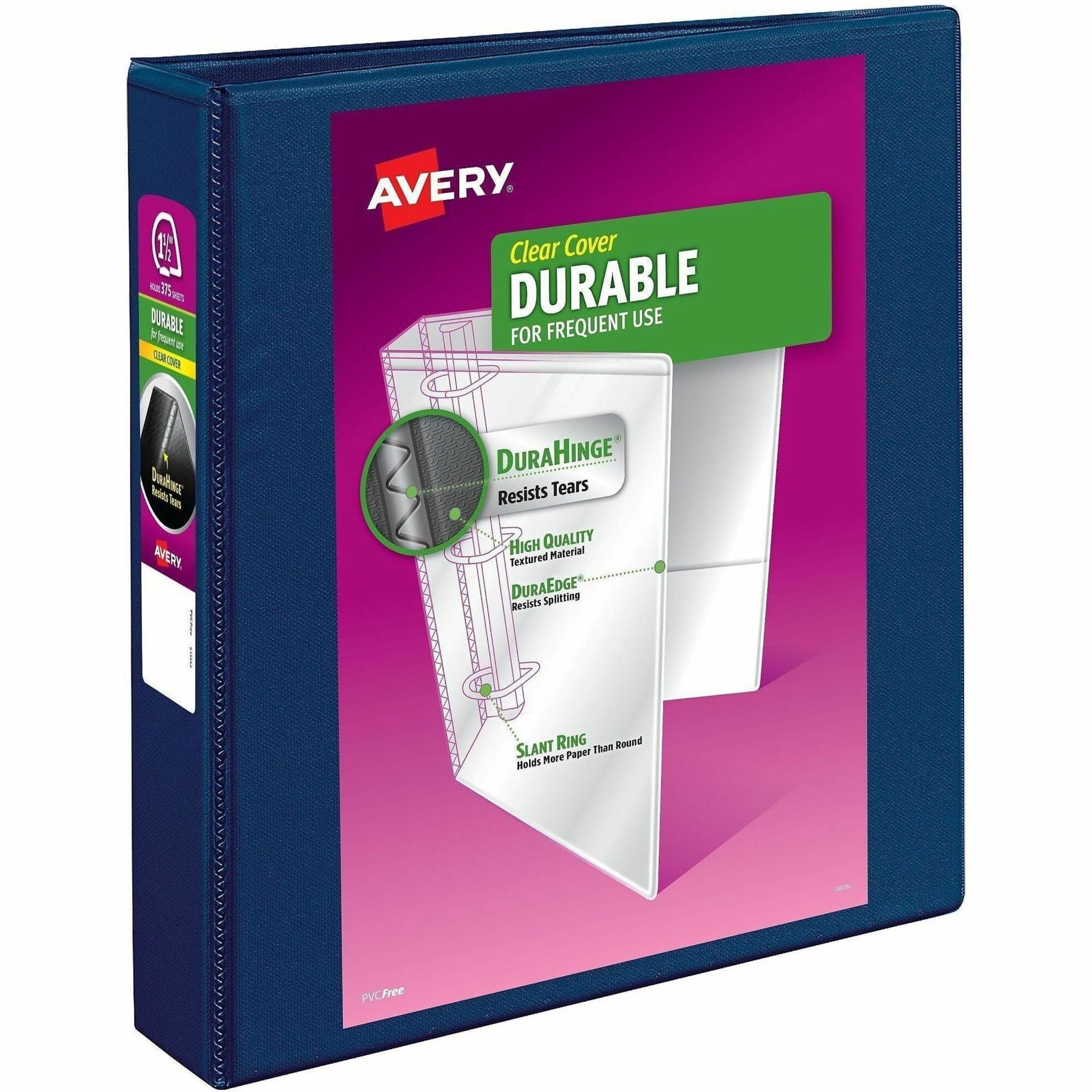 Avery Durable View 3 Ring Binder, 1.5" Capacity, Letter Size, 375 Sheet, 3 Slant Rings, 2 Internal Pockets, Navy Blue, Polypropylene, Recycled, 1 Each