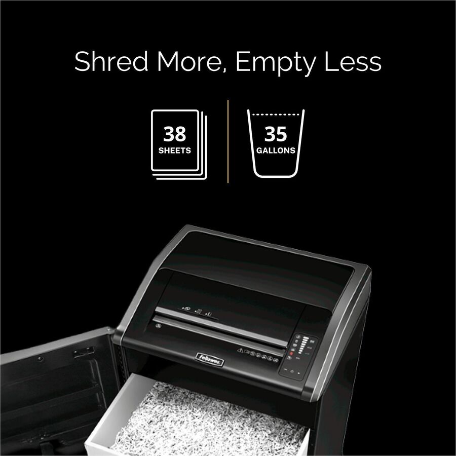 Continuous Shredder - Strip Cut - 38 Per Pass - for shredding Staples, Credit Card, CD, DVD, Paper Clip, Junk Mail, Paper - 0.219" Shred Size - P-2 - 20 ft/min - 16" Throat - 35 gal Wastebin Capacity - Black, Dark Silver - TAA Compliant