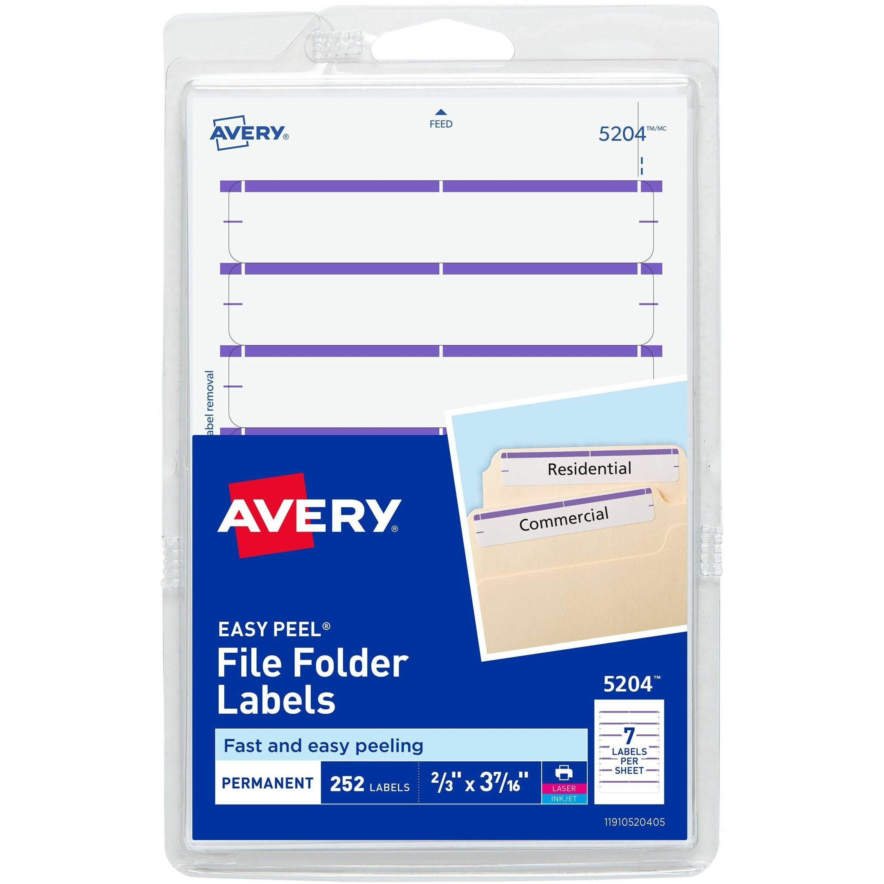 3 7/16" Height x 43/64" Width - Permanent Adhesive - Rectangle - Laser, Inkjet - Purple - Paper - PVC-free, Permanent Adhesive, Curl Resistant, Stick & Stay, Easy Peel - 7 / Sheet - 36 Total Sheets - 252 Total Label(s) - 1 Each