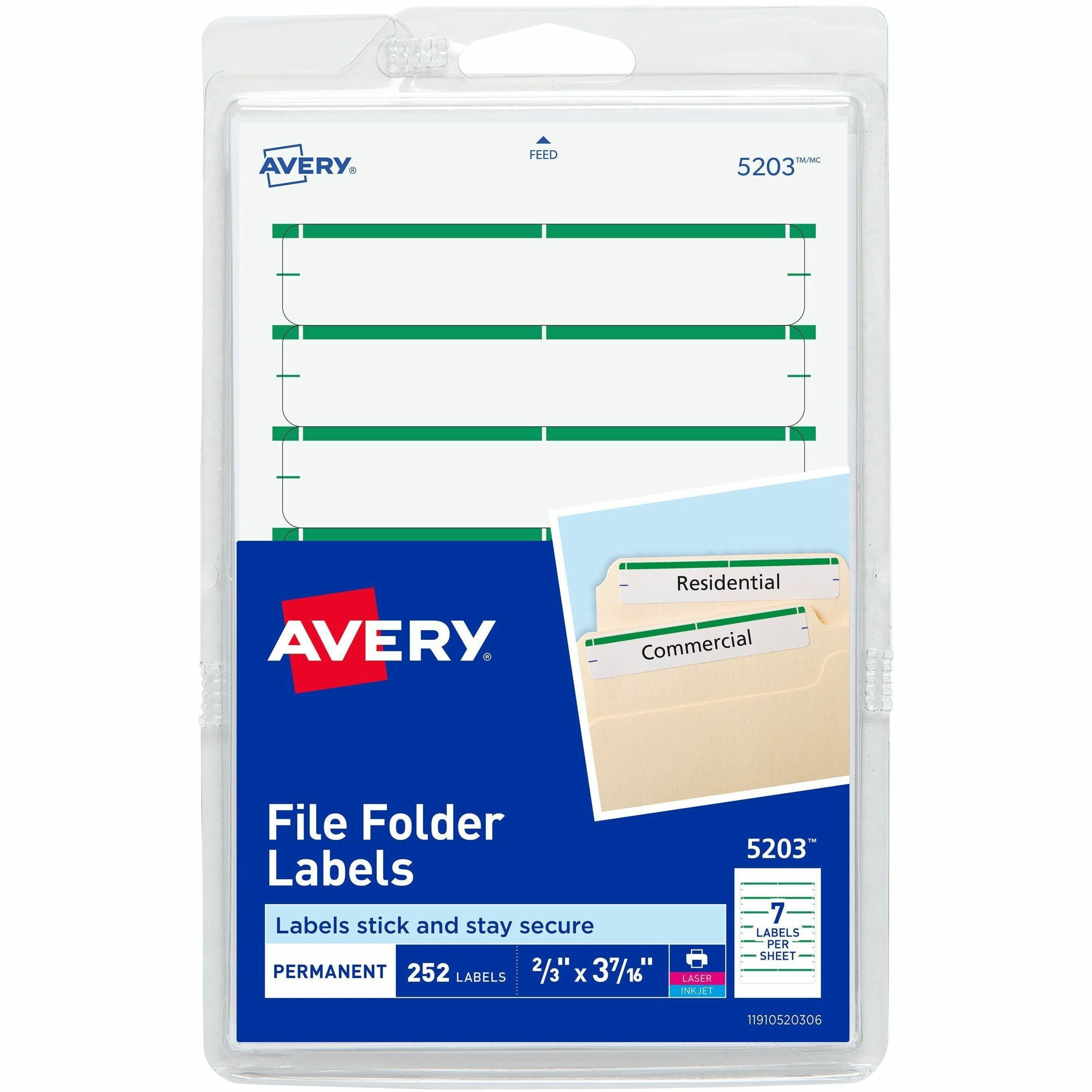 3 7/16" Height x 21/32" Width - Permanent Adhesive - Rectangle - Laser, Inkjet - Green - Paper - Permanent Adhesive, Easy Peel, Curl Resistant, Stick & Stay - 7 / Sheet - 36 Total Sheets - 252 Total Label(s) - 252 / Pack