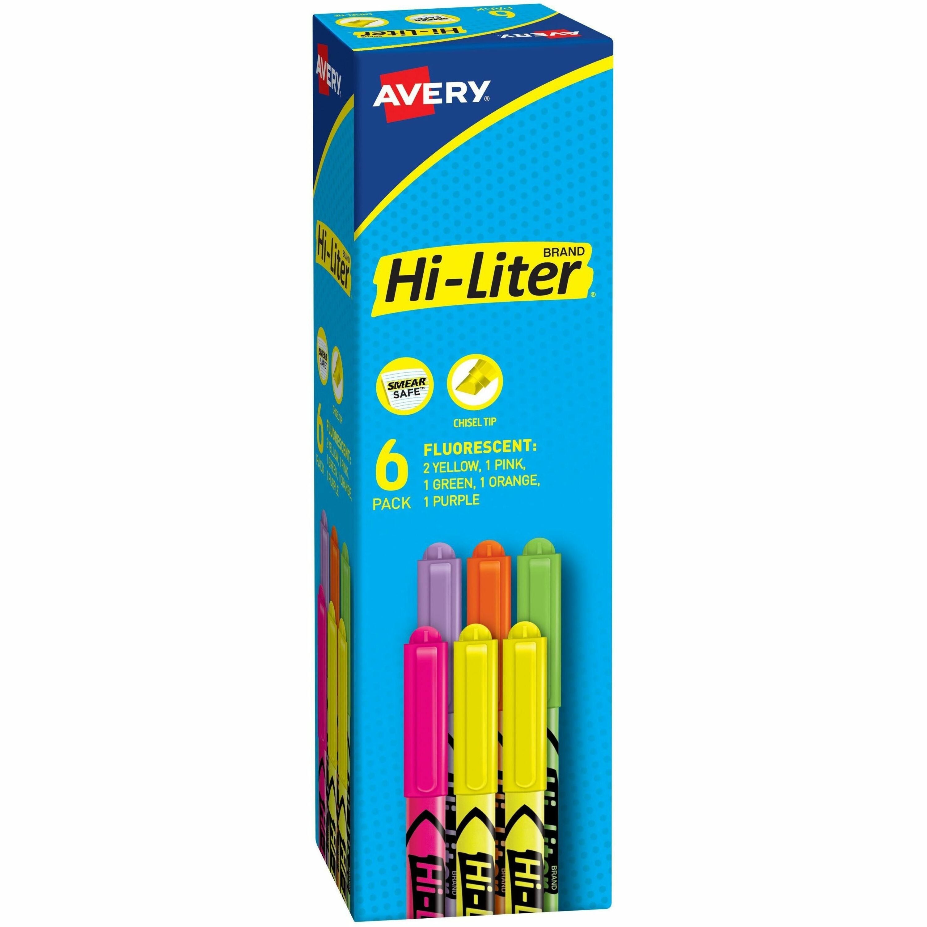 Avery&reg; Pen-Style Fluorescent Highlighters - Chisel Marker Point - Washable - Fluorescent Green, Fluorescent Orange, Fluorescent Pink, Fluorescent Purple, Fluorescent Yellow Ink - 6 / Pack