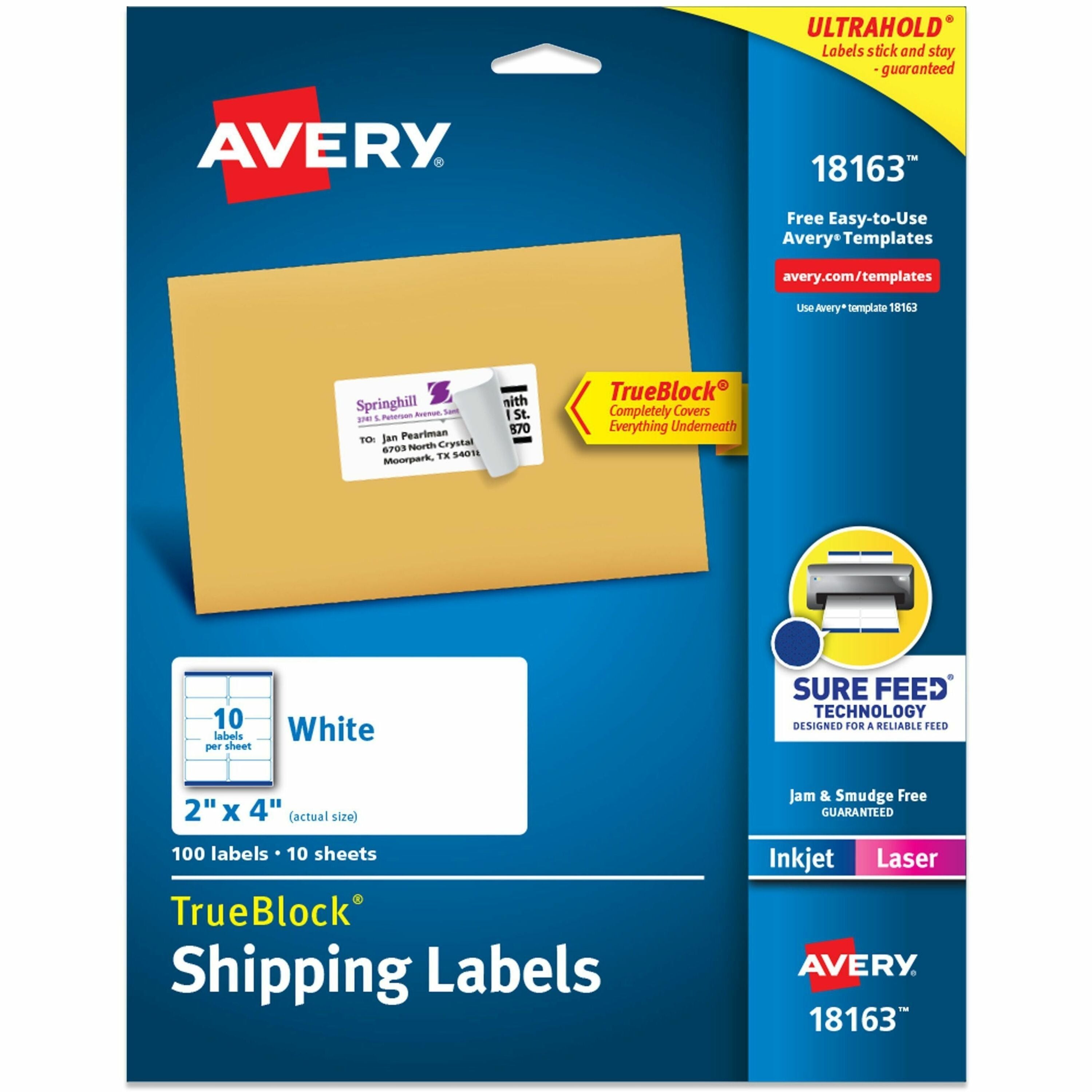 Avery Shipping Labels, Sure Feed, 2" x 4", Matte White, Permanent Adhesive, 100 Labels (10 Sheets, 10 Labels/Sheet)
