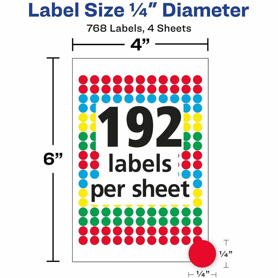1/4" Diameter - Removable Adhesive - Round - Matte - Green, Light Blue, Red, Yellow - Paper - 192 / Sheet - 4 Total Sheets - 768 Total Label(s) - 760 / Pack