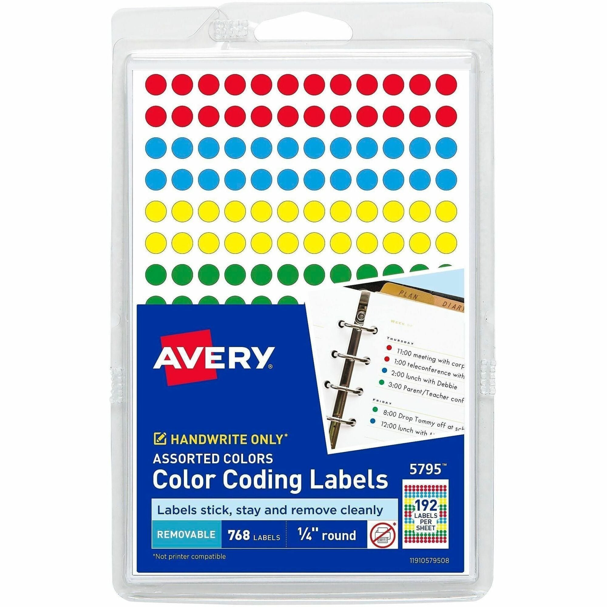 1/4" Diameter - Removable Adhesive - Round - Matte - Green, Light Blue, Red, Yellow - Paper - 192 / Sheet - 4 Total Sheets - 768 Total Label(s) - 760 / Pack