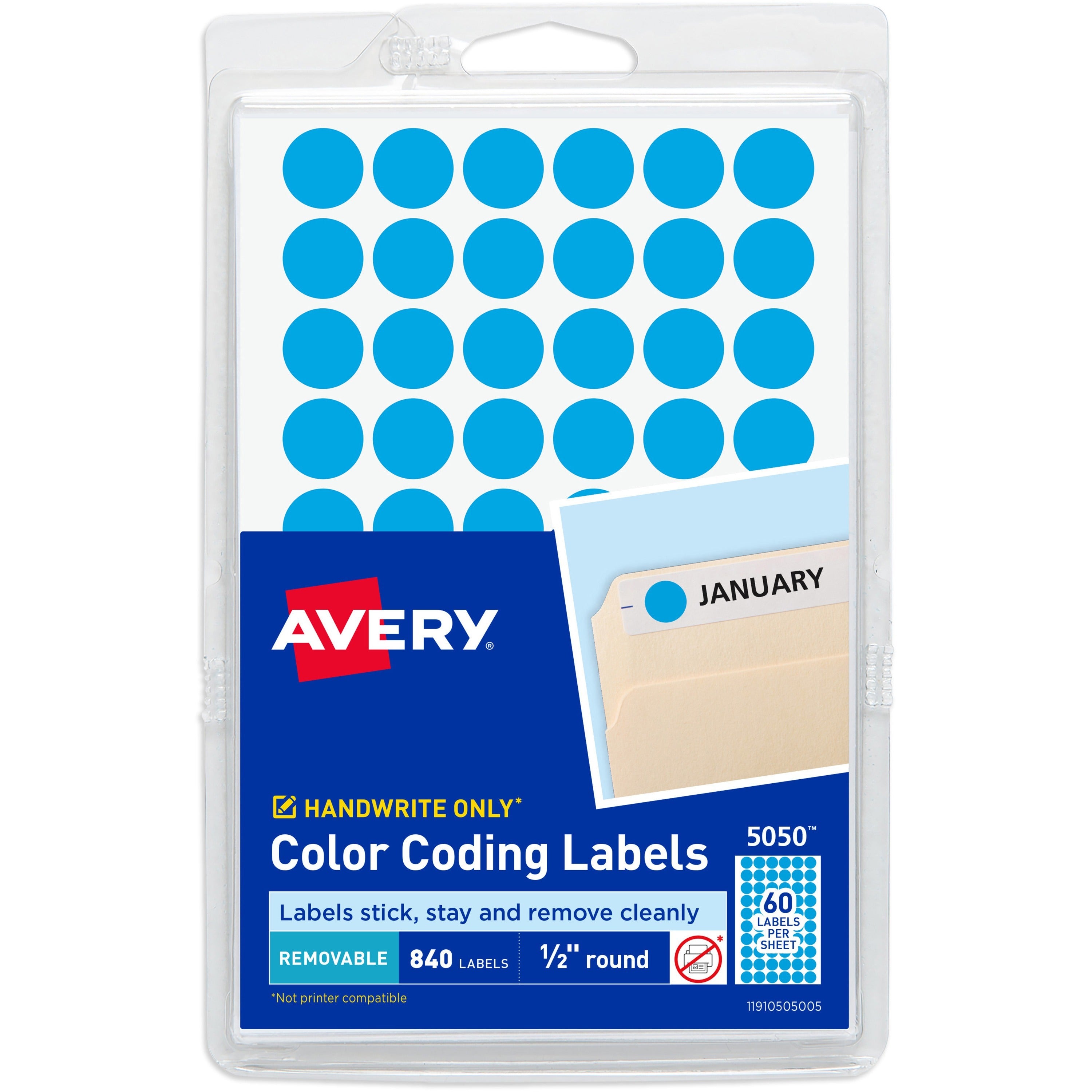 1/2" Diameter - Removable Adhesive - Round - Matte - Light Blue - Paper - 60 / Sheet - 14 Total Sheets - 840 Total Label(s) - 840 / Pack