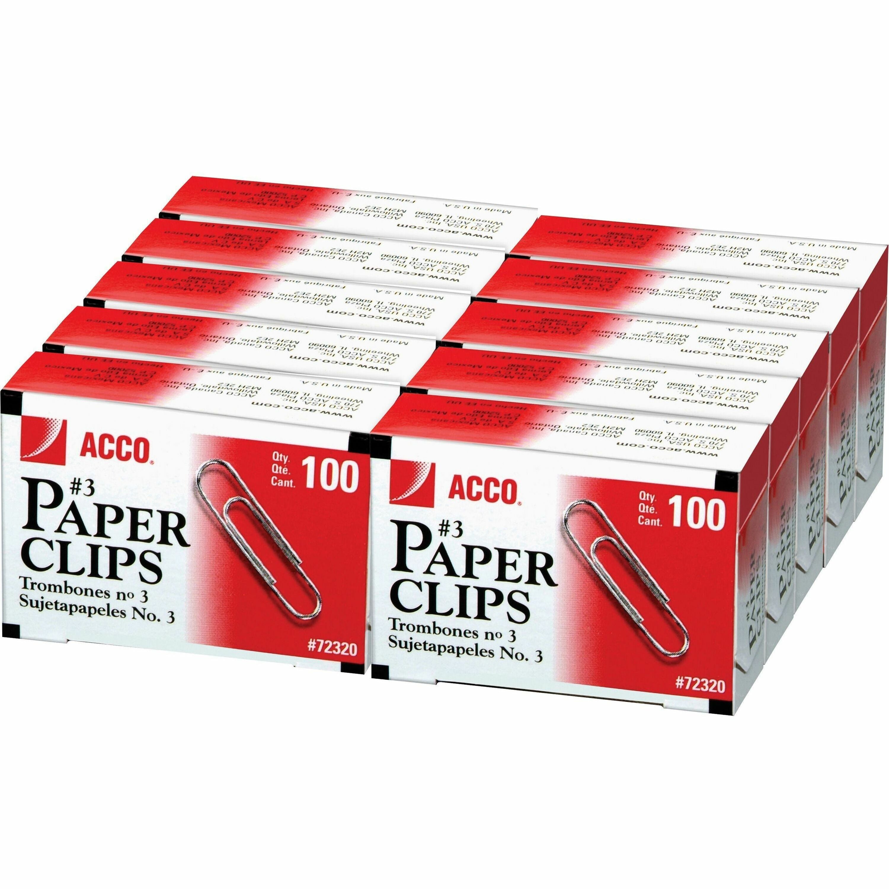 ACCO Paper Clips - No. 3 - 0.9" Length - 10 Sheet Capacity - Galvanized, Corrosion Resistant - Silver - Metal, Zinc Plated - 100/Box - 10 / Pack