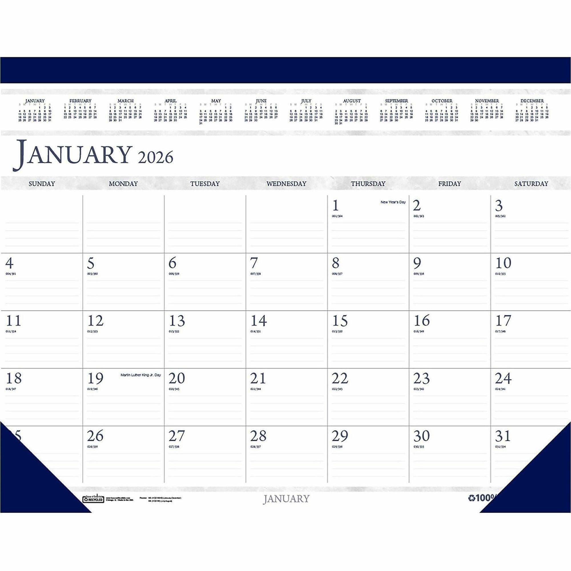 Julian Dates - Monthly - 12 Month - January 2026 to December 2026 - 1 Month Single Page Layout - 22" x 17" Sheet Size - 2.13" x 3" Block - Desk Pad - Blue - Vinyl, Leather - 17" Height x 22" Width - Perforated - 1 Each