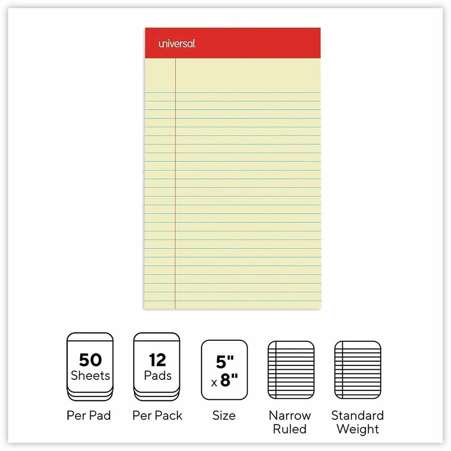 Universal Notepad - 1 Subject(s) - 50 Sheets - Tape Bound - Legal Ruled Red Margin - 16 lb Basis Weight - 5" x 8" Sheet Size - 5" Width - Canary Paper - 1 Dozen