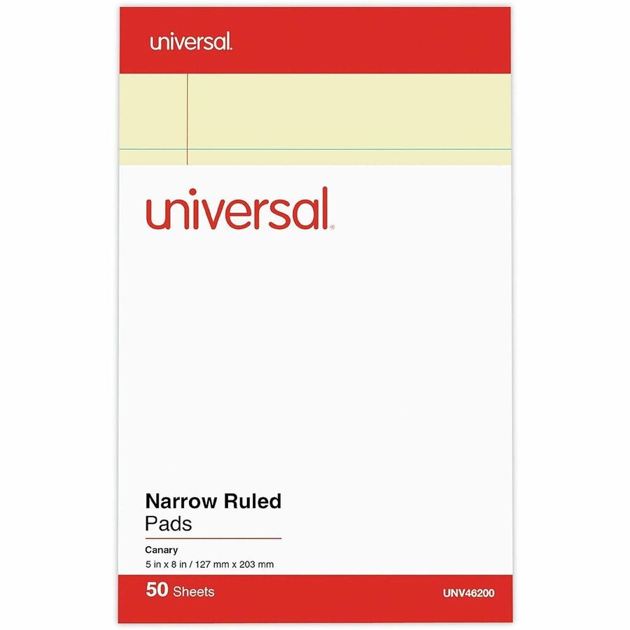 Universal Notepad - 1 Subject(s) - 50 Sheets - Tape Bound - Legal Ruled Red Margin - 16 lb Basis Weight - 5" x 8" Sheet Size - 5" Width - Canary Paper - 1 Dozen