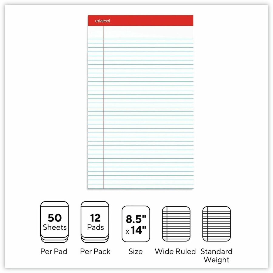 Universal Notepad - 1 Subject(s) - 50 Sheets - Tape Bound - Legal Ruled Red Margin - 16 lb Basis Weight - Legal - 8 1/2" x 14" Sheet Size - 14" Height x 8.5" Width - White Paper - Chipboard Cover - 1 Dozen
