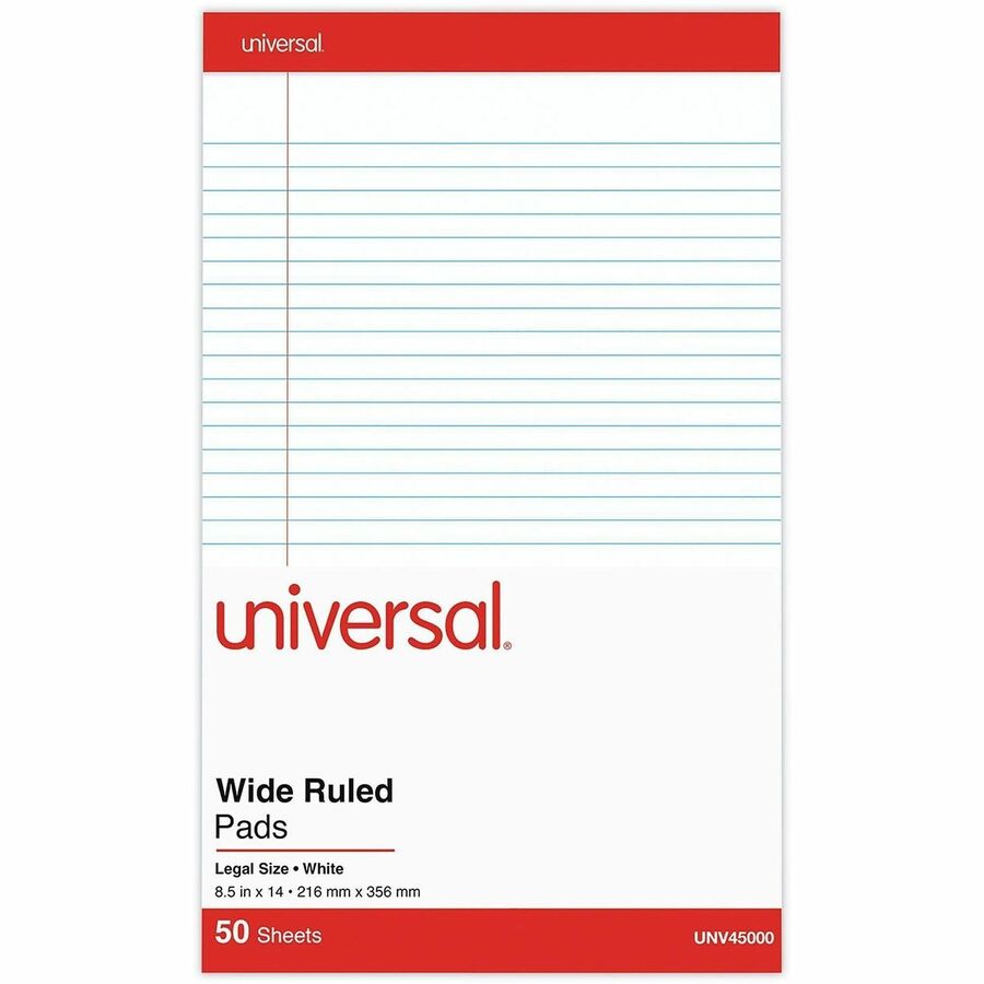 Universal Notepad - 1 Subject(s) - 50 Sheets - Tape Bound - Legal Ruled Red Margin - 16 lb Basis Weight - Legal - 8 1/2" x 14" Sheet Size - 14" Height x 8.5" Width - White Paper - Chipboard Cover - 1 Dozen