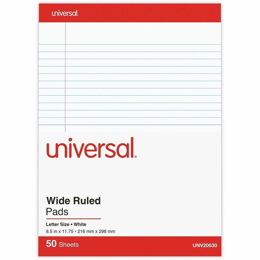 Universal Notepad - 1 Subject(s) - 50 Sheets - Tape Bound - Legal Ruled Red Margin - 16 lb Basis Weight - Letter - 8 1/2" x 11 3/4" Sheet Size - 8.5" Width - White Paper - Chipboard Cover - 1 Dozen