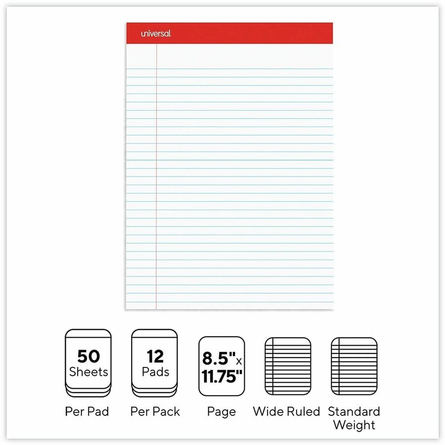 Universal Notepad - 1 Subject(s) - 50 Sheets - Tape Bound - Legal Ruled Red Margin - 16 lb Basis Weight - Letter - 8 1/2" x 11 3/4" Sheet Size - 8.5" Width - White Paper - Chipboard Cover - 1 Dozen