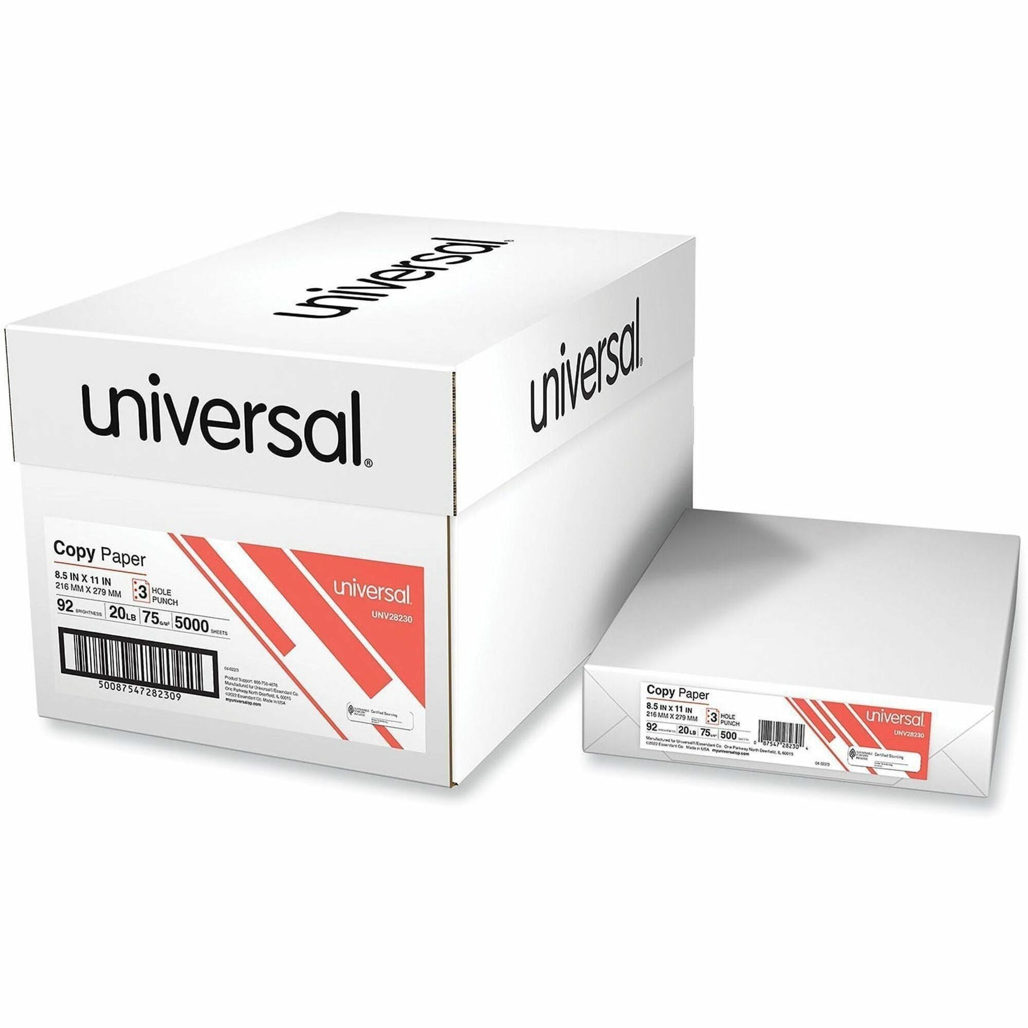 Universal Copy Paper, 8.5" x 11", 20 lb, 92 Brightness, White, 3-Hole Punched, 5000 Sheets (10 Reams of 500 Sheets)