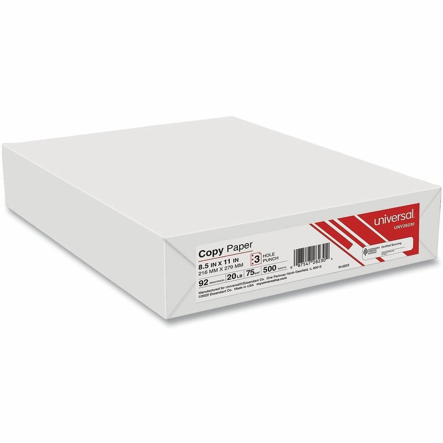 Universal Copy Paper, 8.5" x 11", 20 lb, 92 Brightness, White, 3-Hole Punched, 5000 Sheets (10 Reams of 500 Sheets)
