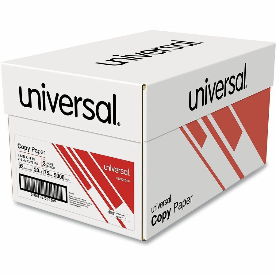 Universal Copy Paper, 8.5" x 11", 20 lb, 92 Brightness, White, 3-Hole Punched, 5000 Sheets (10 Reams of 500 Sheets)