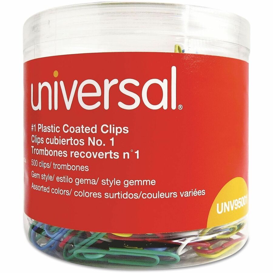 Universal Paper Clip - No. 1 - 1.8" Length x 0.5" Width - Assorted, Blue, Green, Red, White, Yellow - Plastic, Steel Wire - 500 / Pack