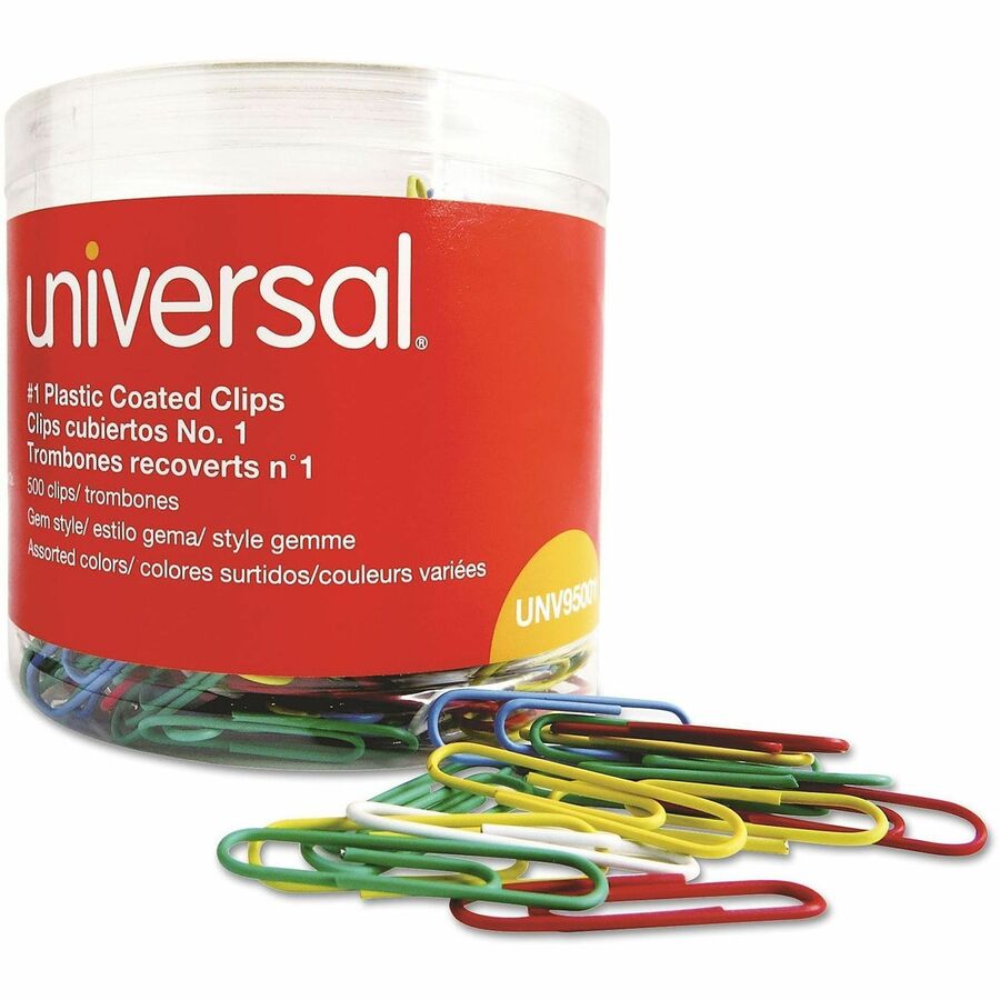 Universal Paper Clip - No. 1 - 1.8" Length x 0.5" Width - Assorted, Blue, Green, Red, White, Yellow - Plastic, Steel Wire - 500 / Pack