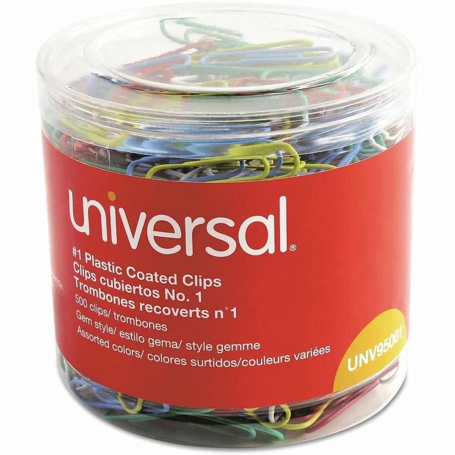 Universal Paper Clip - No. 1 - 1.8" Length x 0.5" Width - Assorted, Blue, Green, Red, White, Yellow - Plastic, Steel Wire - 500 / Pack