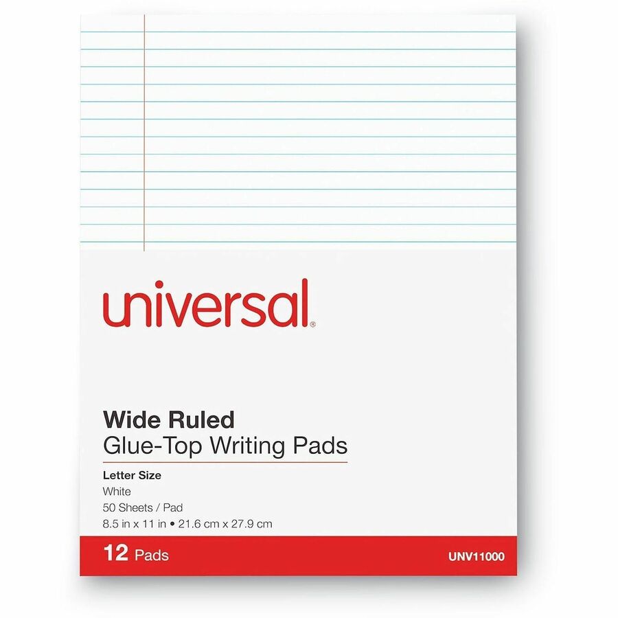 1 Subject(s) - 50 Sheets - Glue - 0.34" Ruled - Unruled Margin - 16 lb Basis Weight - Letter - 8 1/2" x 11" Sheet Size - 8.5" Width - White Paper - Chipboard Cover - 1 Dozen