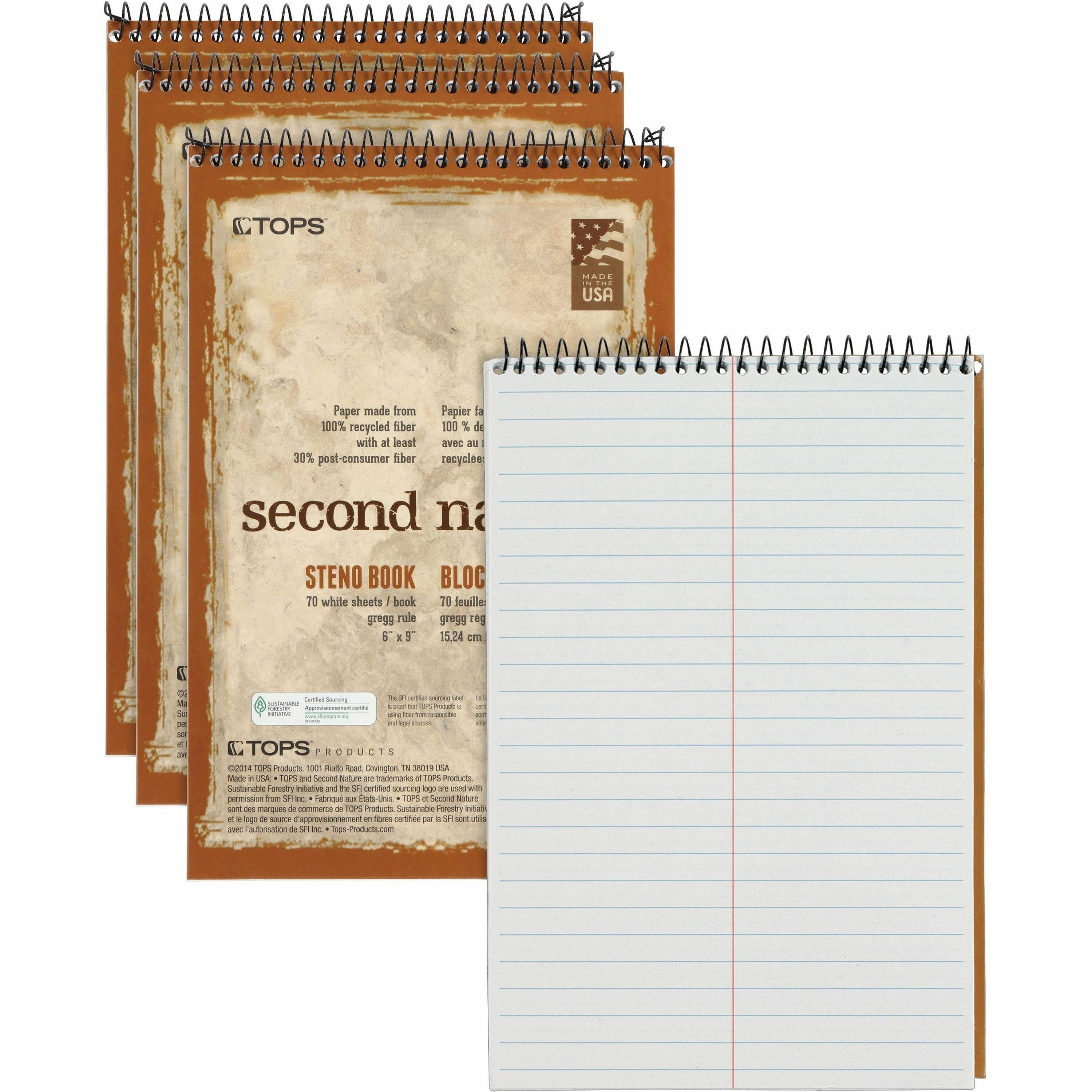 70 Sheets - Spiral - 0.34" Ruled - 15 lb Basis Weight - 6" x 9" Sheet Size - 1" Height x 6" Width x 9" Length - White Paper - Blue, Gray, Brown Cover - Acid-free - Recycled - 4 / Pack