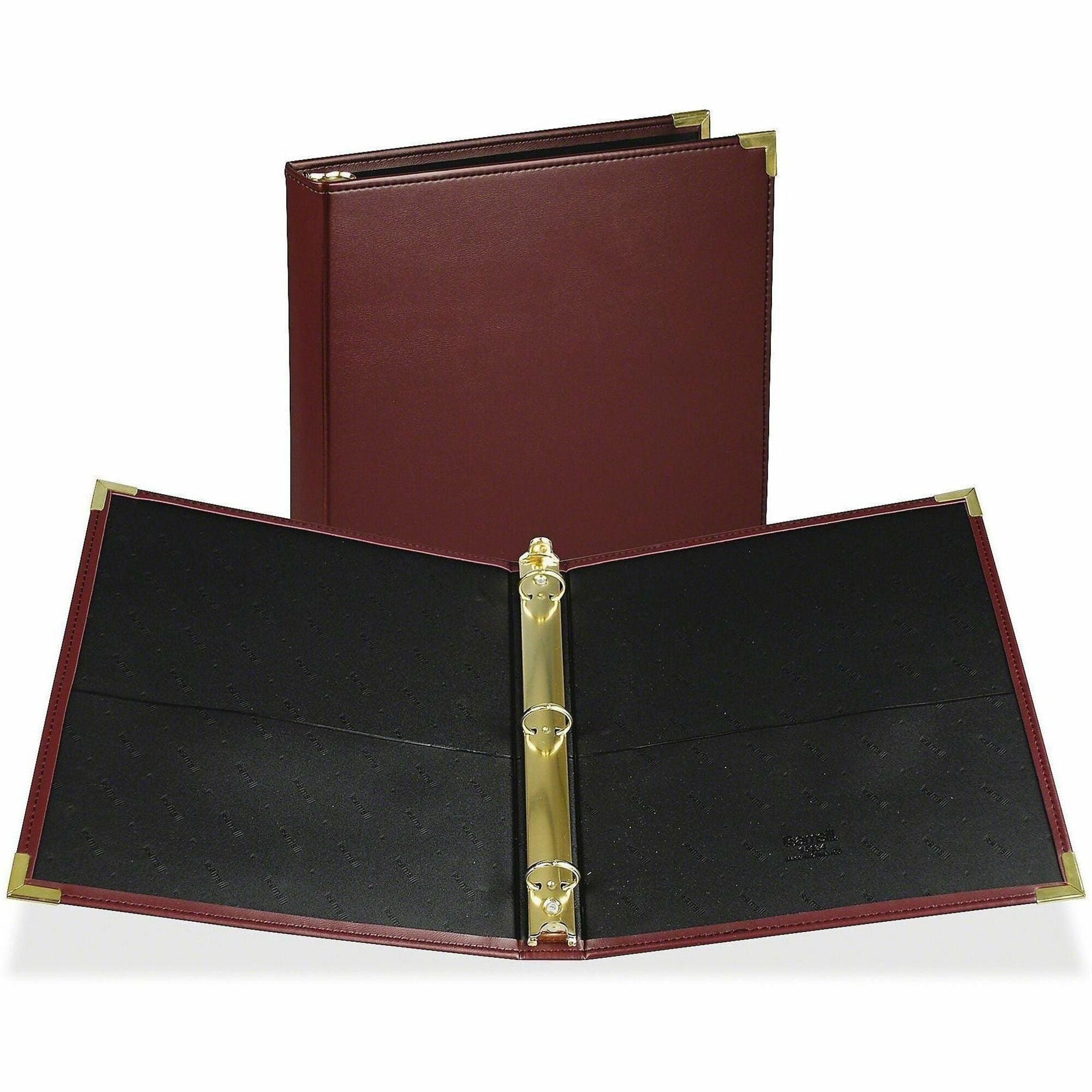 1" Binder Capacity - Letter - 8 1/2" x 11" Sheet Size - Fastener(s): Round Ring - Pocket(s): 2, Internal - Faux Leather, Brass, Metal - Burgundy - Flexible, Durable, Concealed Rivet - 1 Each