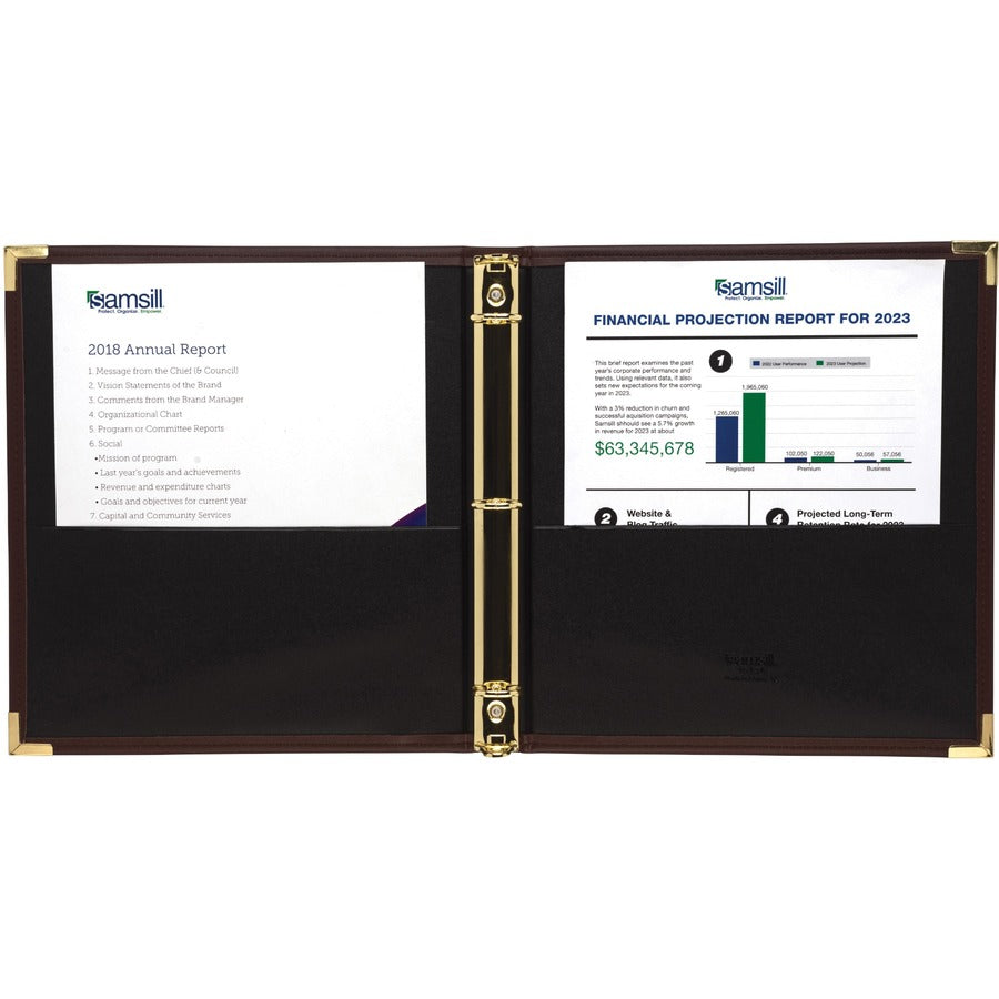 1" Binder Capacity - Letter - 8 1/2" x 11" Sheet Size - Fastener(s): Round Ring - Pocket(s): 2, Internal - Faux Leather, Brass, Metal - Burgundy - Flexible, Durable, Concealed Rivet - 1 Each