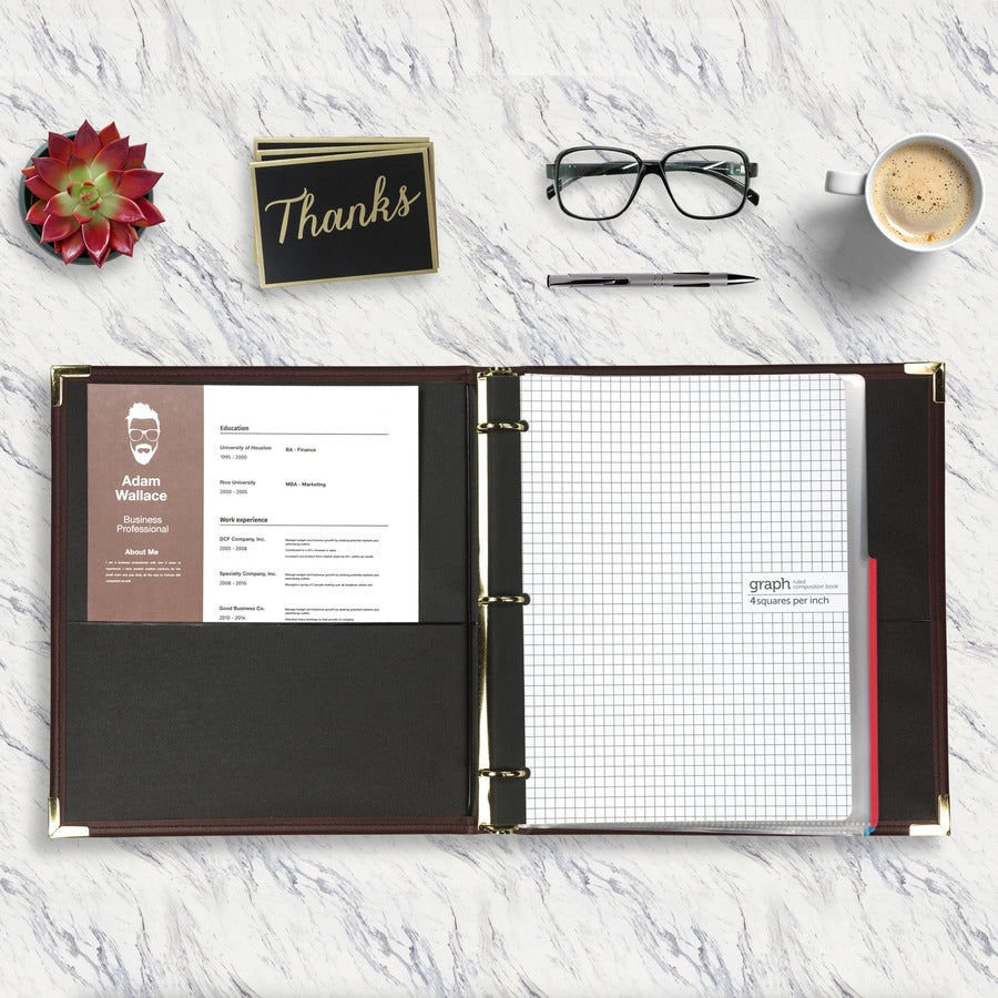1" Binder Capacity - Letter - 8 1/2" x 11" Sheet Size - Fastener(s): Round Ring - Pocket(s): 2, Internal - Faux Leather, Brass, Metal - Burgundy - Flexible, Durable, Concealed Rivet - 1 Each