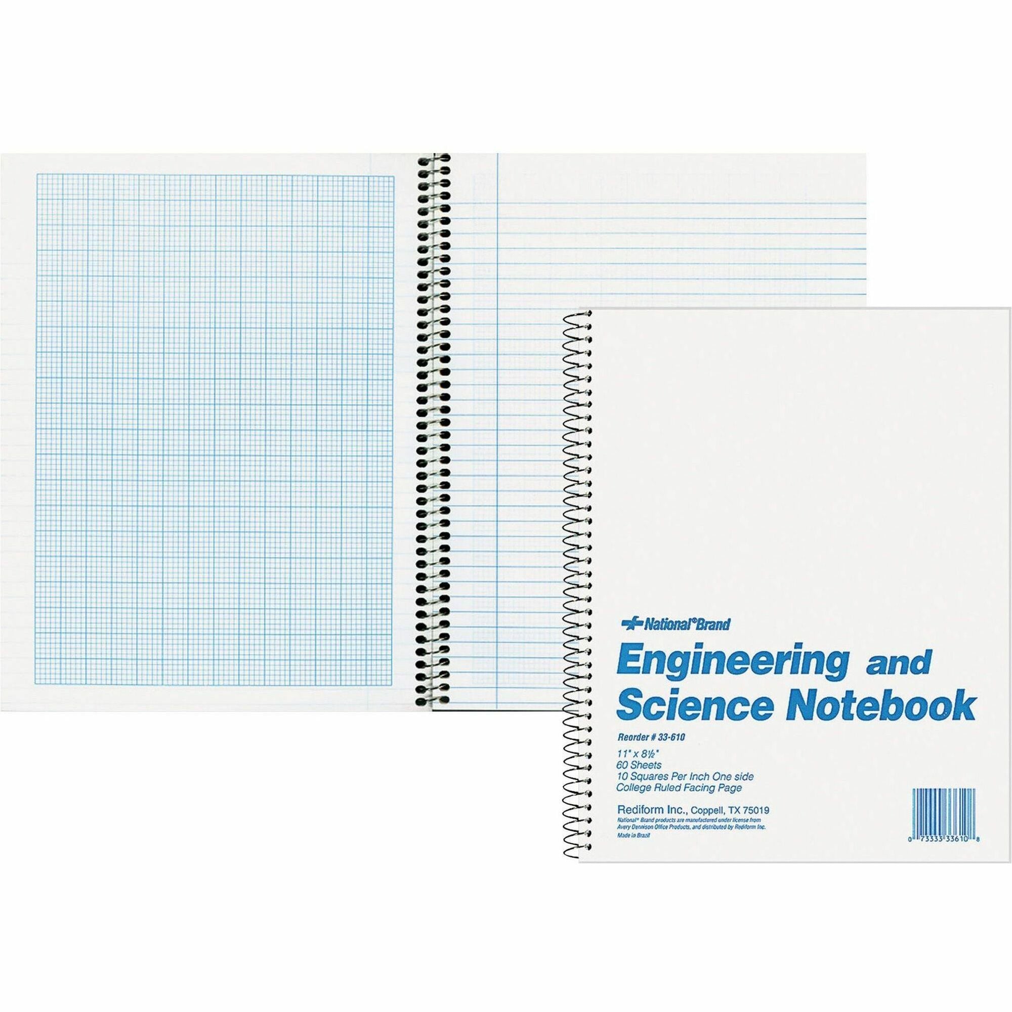 60 Sheets - Wire Bound - Both Side Ruling Surface - Light Blue Margin - 16 lb Basis Weight - Letter - 8 1/2" x 11" Sheet Size - White Paper - White Cover - Unpunched, Heavyweight, Hard Cover - 1 Each