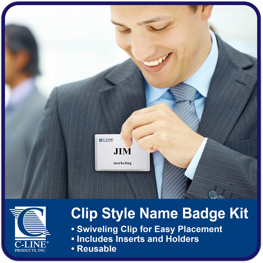 C-Line Laser/Inkjet Clip Style Badge Holder Kits - Support 4" x 3" Media - Paper, Polypropylene - White - 96 / Box