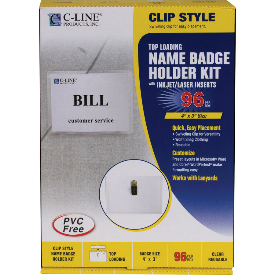 C-Line Laser/Inkjet Clip Style Badge Holder Kits - Support 4" x 3" Media - Paper, Polypropylene - White - 96 / Box