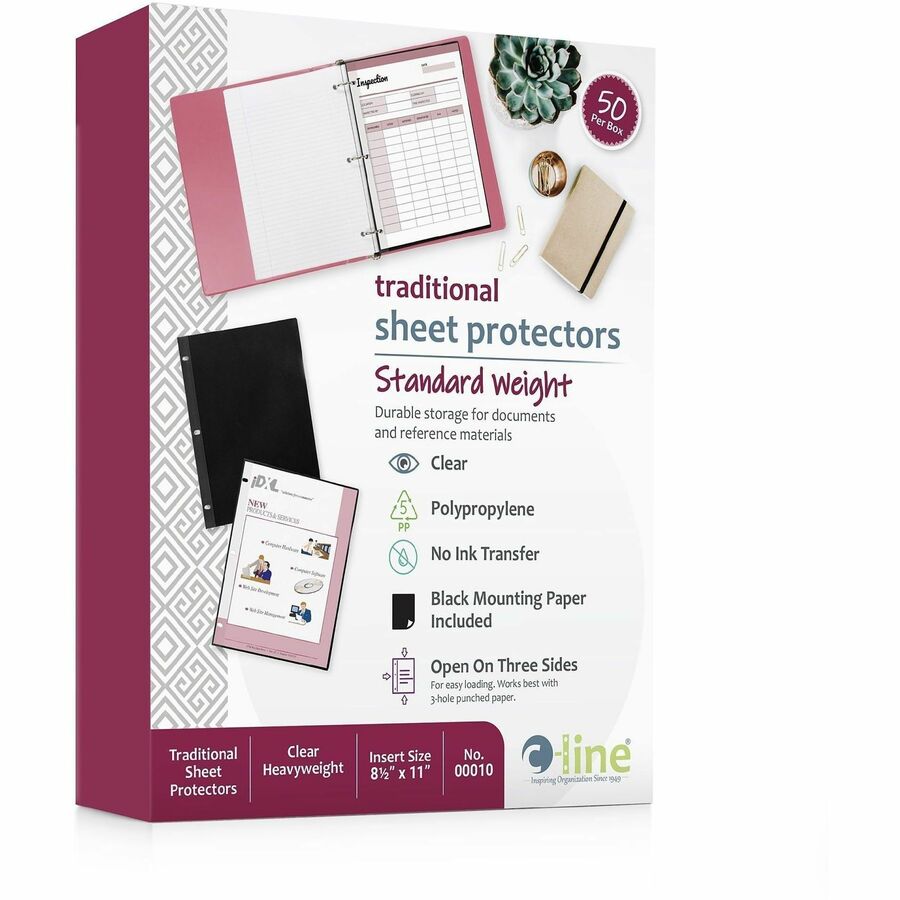 C-Line Sheet Protectors - 2 x Sheet Capacity - For Letter 8 1/2" x 11" Sheet - 3 x Holes - Ring Binder - Rectangular - Clear, Black - Polypropylene - 1 Box
