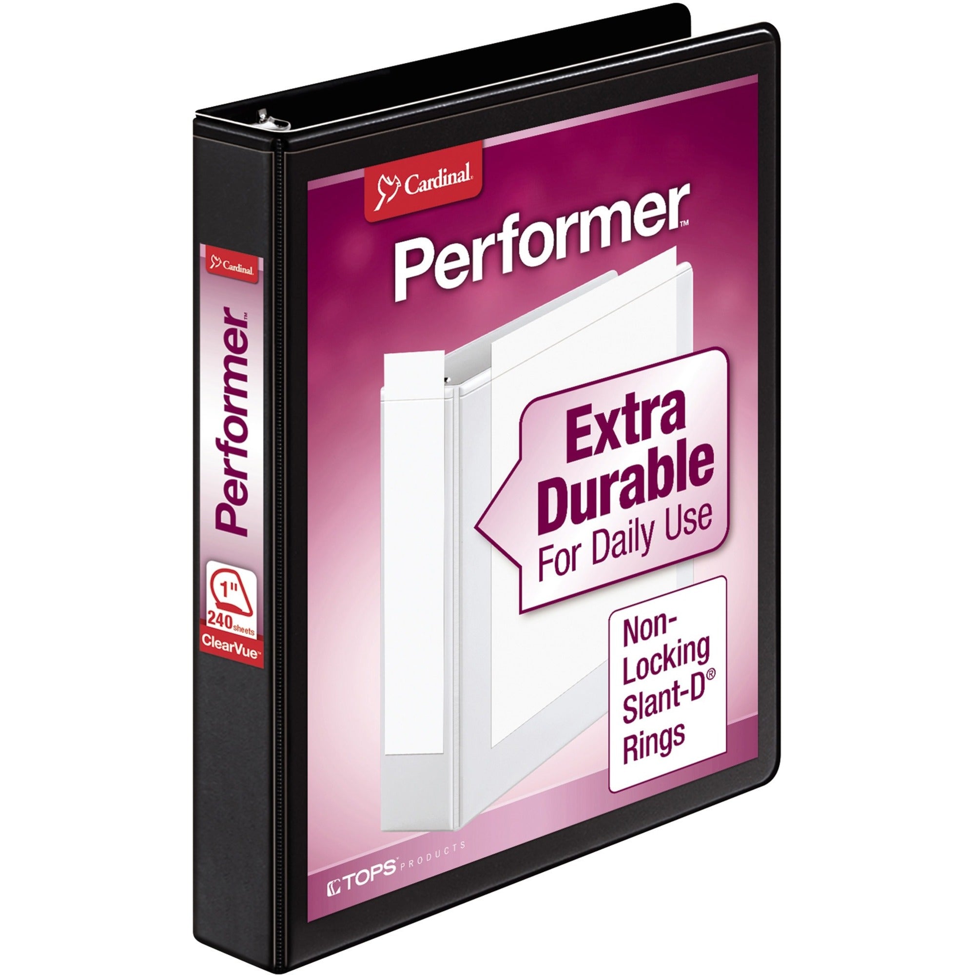 Cardinal Performer ClearVue Slant-D Ring Binder, 1" Capacity, 240 Sheet, Letter Size, 3 D-Rings, 2 Inside Pockets, Black, Vinyl, 1 Each