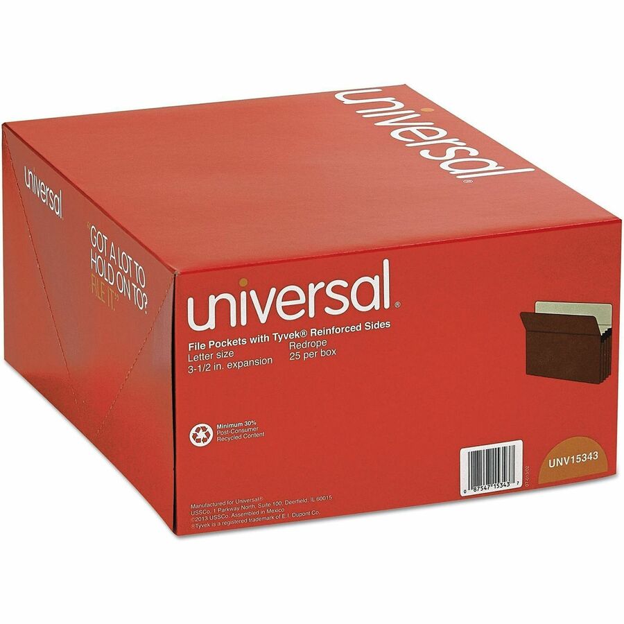 Universal Expansion File Pocket - Letter - 8.5" x 14" - Straight Tab Cut - 3" Expansion - 25 / Pack - 18pt., 23pt. - Manila, Red