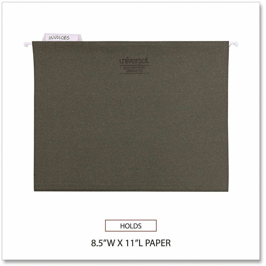 Universal Hanging File Folder - Letter - 8.5" x 11" - 1/5 Tab Cut - 25 / Box - 11pt. - Green