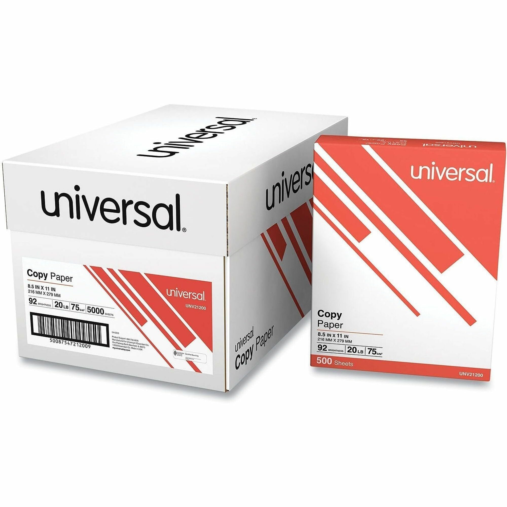 Universal Copy Paper, 8.5" x 11", 20 lb, 92 Brightness, White, 5000 Sheets (10 Reams of 500 Sheets)