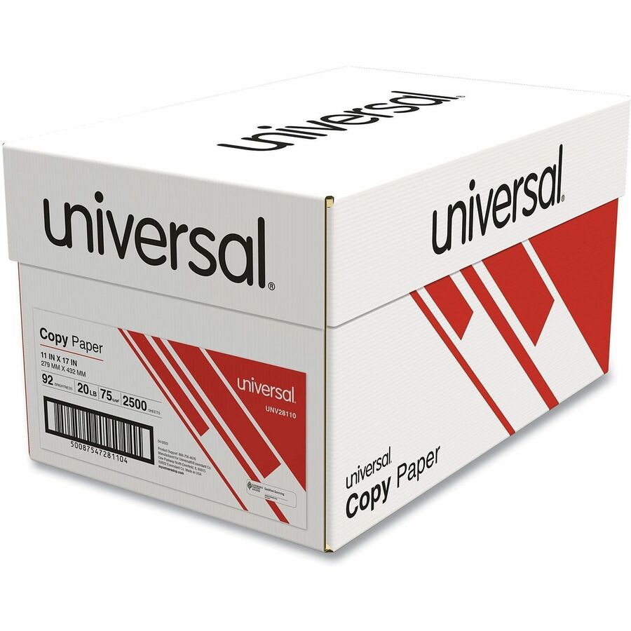 Universal Copy Paper - 92 Brightness - Ledger - 11" x 17" - 20 lb Basis Weight - 75 g/m² Grammage - White - 2500 Sheets - 500 Sheets per Ream - 5 Ream per Case