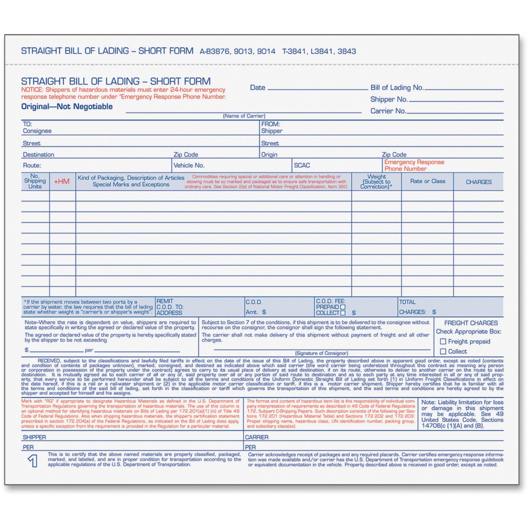 3 Part - Carbonless Copy - 8.50" x 6.93" Form Size - 7.62" x 8.50" Sheet Size - White Sheet(s) - Blue Print Color - 250 / Box