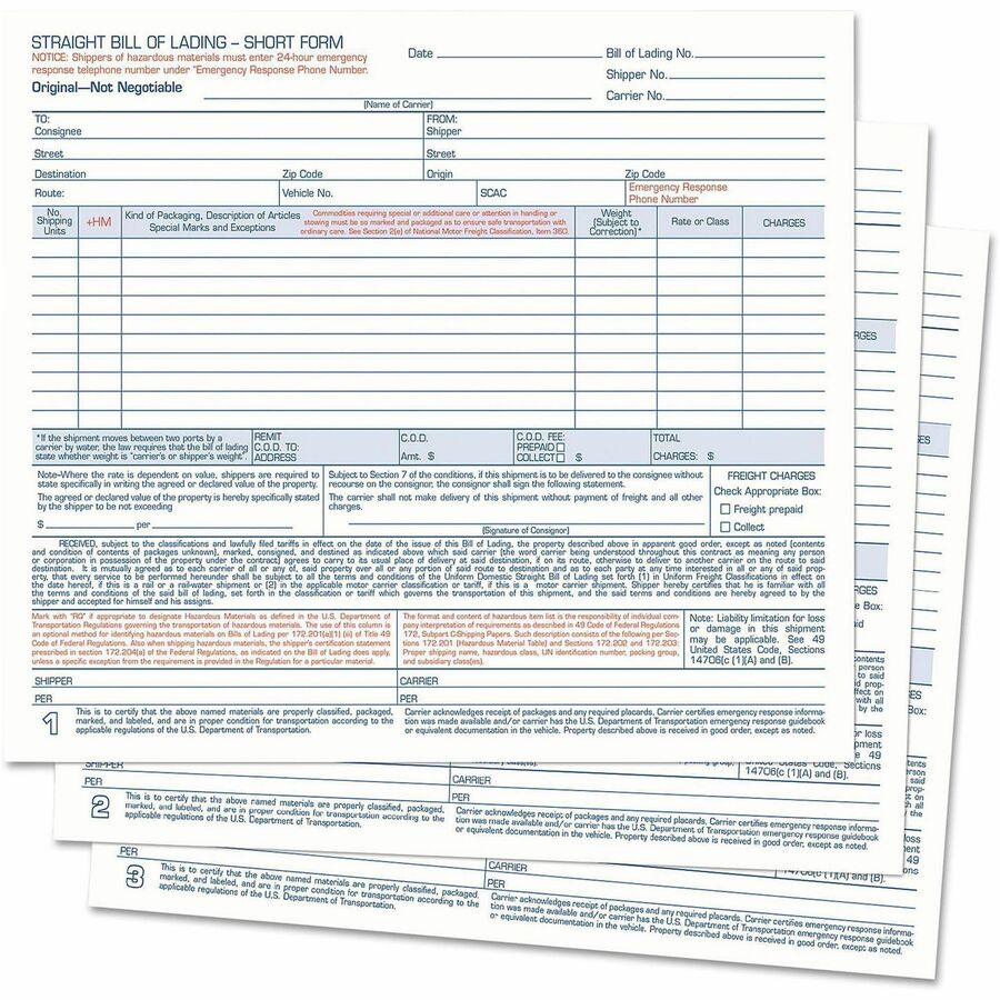 3 Part - Carbonless Copy - 8.50" x 6.93" Form Size - 7.62" x 8.50" Sheet Size - White Sheet(s) - Blue Print Color - 250 / Box