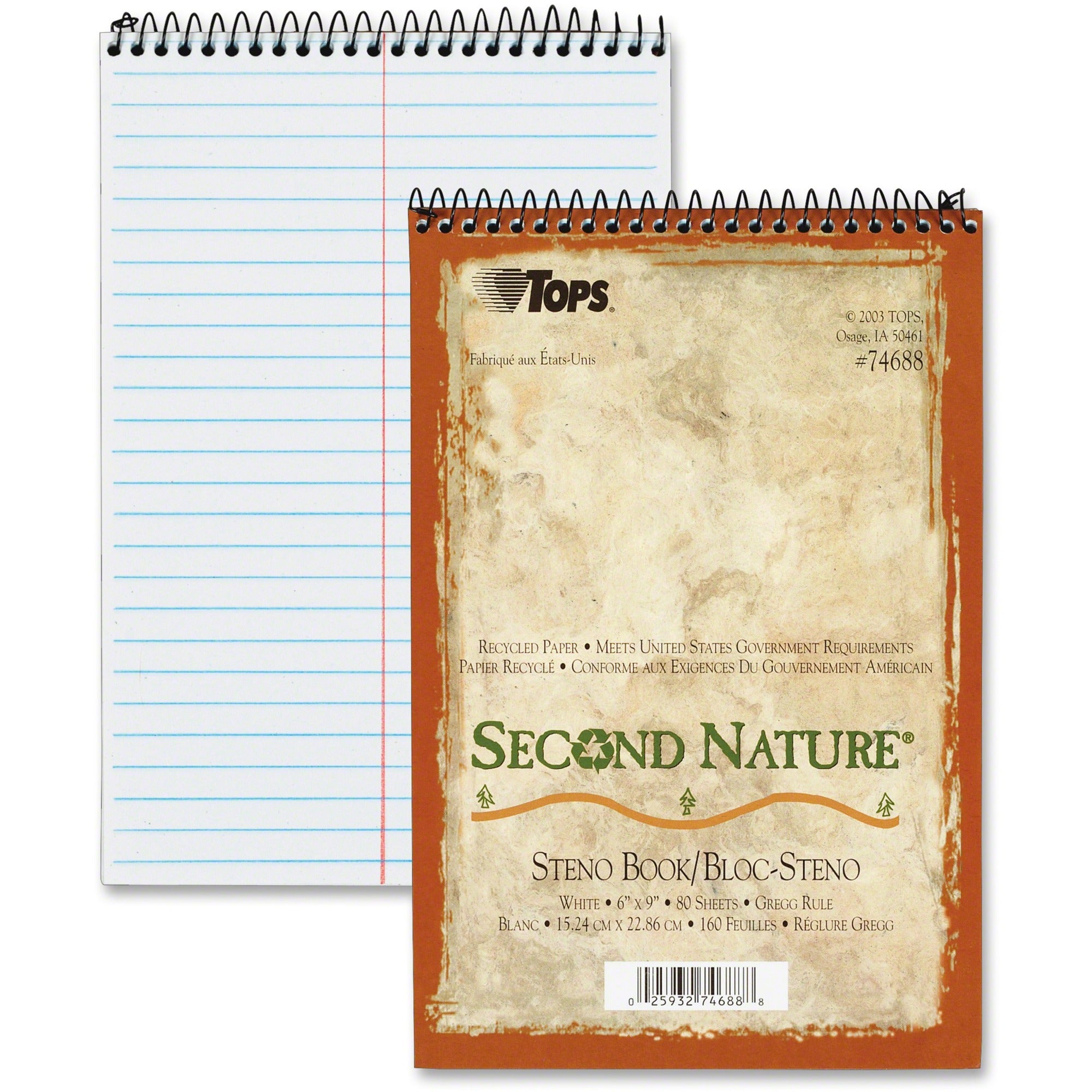 80 Sheets - Wire Bound - 15 lb Basis Weight - 6" x 9" Sheet Size - 0.31" Height x 6" Width x 9" Length - White Paper - Earth Tone SBS Board Cover - Acid-free, Easy Peel, Environmentally Friendly - Recycled - 1 Each