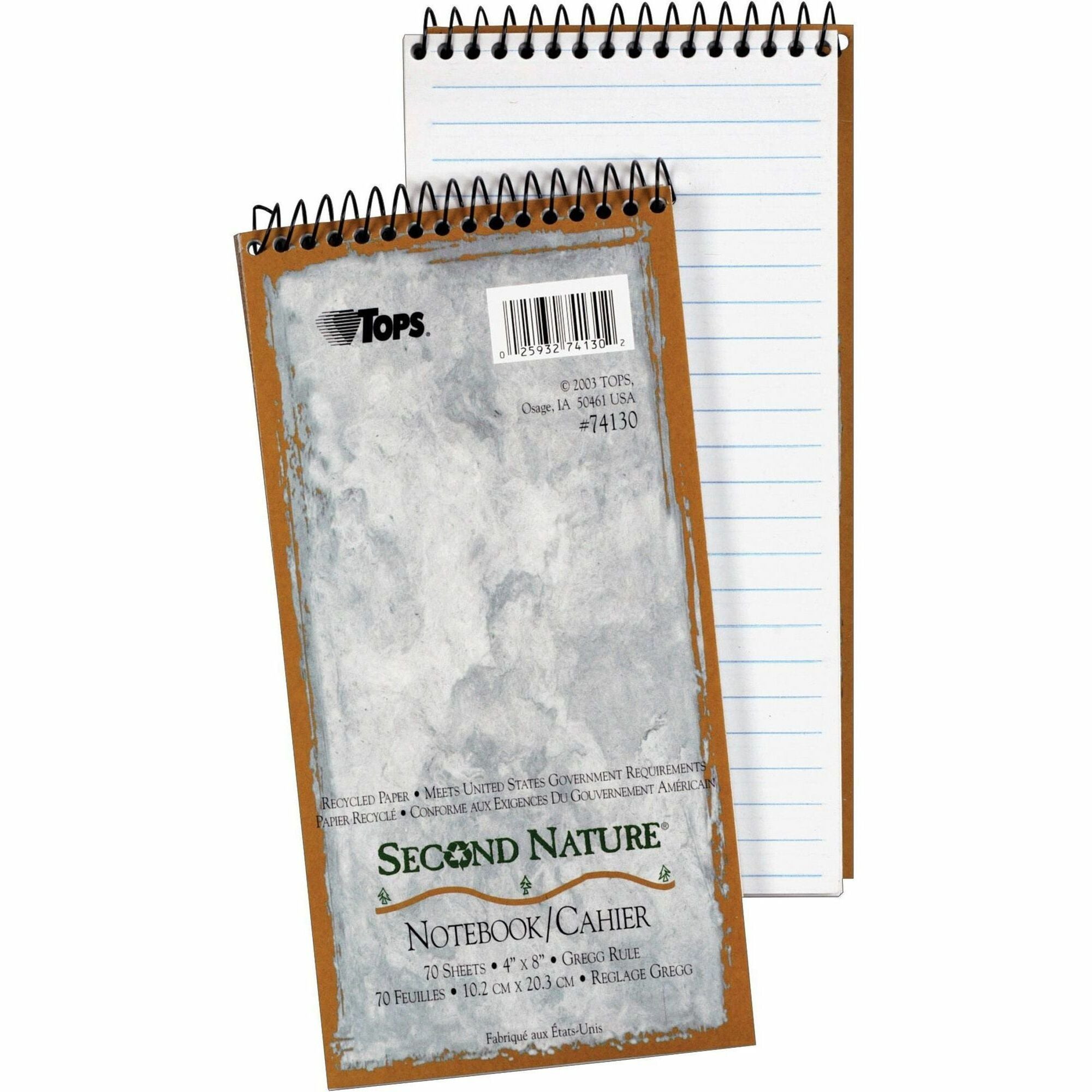 70 Sheets - Coilock - Gregg Ruled Margin - 4" x 8" Sheet Size - White Paper - Subject - Recycled - 1 Each